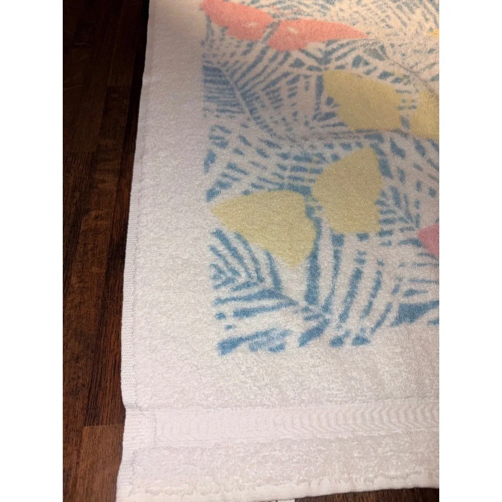 Vintage RA Briggs Butterfly Palm Leaf Bath Towel Pastel Pink Blue Yellow White